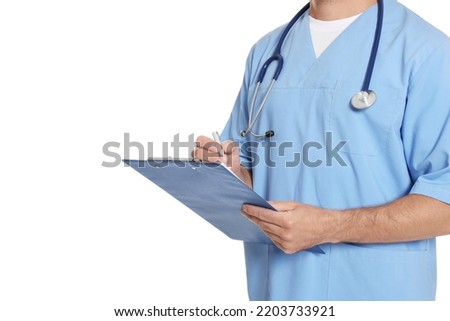Doctor with stethoscope and clipboard on white background, closeup