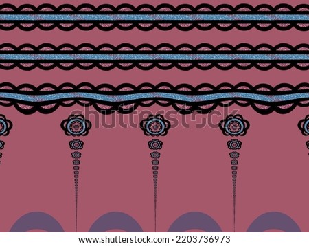A hand drawing pattern made of black and glittery blue stripes on a maroon background