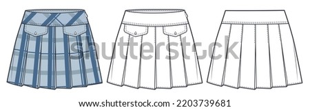 Pleated Skirt technical fashion illustration, Plaid Skirt design. Mini Skirt fashion flat drawing template, pleated, pockets, side zip up, front, back view, white, blue, CAD mockup set. Royalty-Free Stock Photo #2203739681