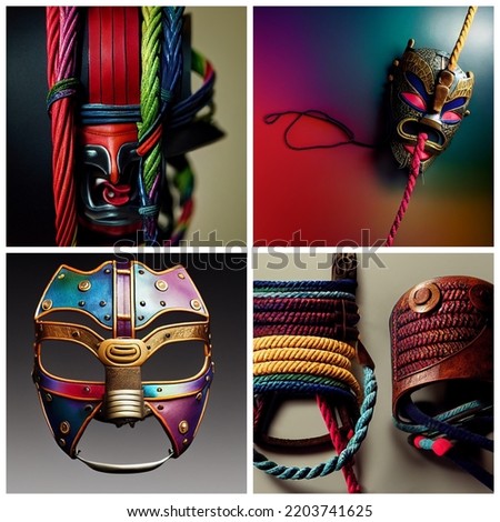 Bushido Samurai Rope Mask and rope art isolated on gradient background, Japanese, multi color, multi fabric, composite.
 Royalty-Free Stock Photo #2203741625