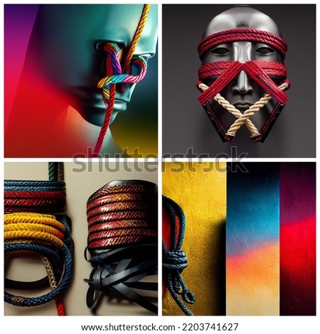 Bushido Samurai Rope Mask and rope art isolated on gradient background, Japanese, multi color, multi fabric, composite.
 Royalty-Free Stock Photo #2203741627