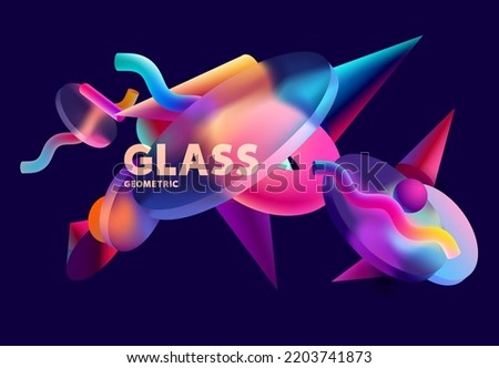 3D multicolor geometric shapes in glass morphism style. Abstract vector design elements.