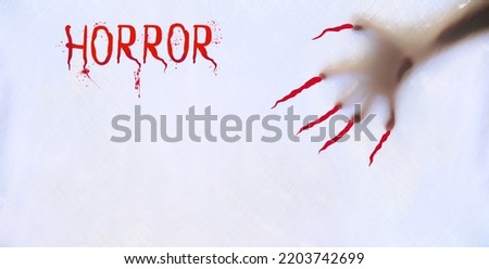 eerie blurry hands, monster bloody claws as if they have been trapped behind glass, dense fabric, wrap, ghost, spirit trying to reach out from afterlife, concept of nightmares, halloween horror