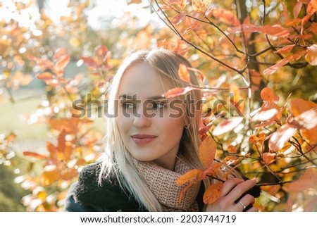 Beautiful young blonde woman in autumn park. Portrait of a happy model in casual clothes. Cosy.