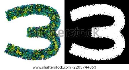 Number 3 made of small iridescent numbers 3, isolated on white with clipping mask, 3d rendering