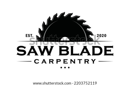 Saw blade for carpentry silhouette symbol icon vector. Woodworking retro vintage logo vector. Lumberjack illustration design Royalty-Free Stock Photo #2203752119