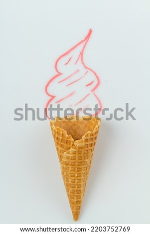 Ice cream with real waffle cone and hand drawn cream. Vertical shot white background.