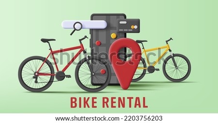 3d illustration bicycle rental service mobile application, smartphone card payment