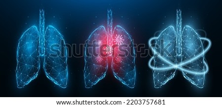 Polygonal vector illustration of inflamed diseased human lungs, healthy lungs and recovery of lung health. Respiratory system low poly design. Medical banner, template or background. Royalty-Free Stock Photo #2203757681