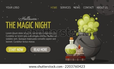 Boiling potion in cauldron and flask, burning candle and witchcraft books. Happy Halloween. Horizontal template for website interface, dark background. Vector illustration. For banner, store, sale