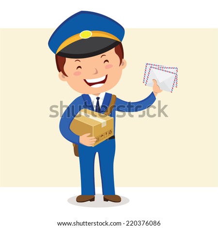 Cheerful postman. Friendly postman in blue uniform with bag and letters. Royalty-Free Stock Photo #220376086