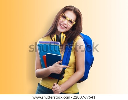 Young woman student with books study on gradien background.