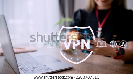 VPN secure connection concept. Person using Virtual Private Network technology to create encrypted tunnel to remote server on internet to protect data privacy or bypass censorship