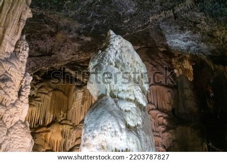 Horizontal picture of a giant white stalagmite inside Postojna cave in Slovenia. 