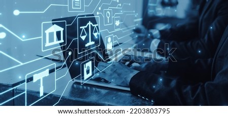 Lawyers working on computer giving business legal advice to clients, companies and business people, dealing with contracts and policies, advising of labor law justice concept, graphic icon background.