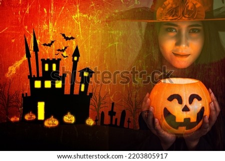 Attractive beautiful Asian woman dressed as a witch holding jack-o-lantern on hand, Halloween holidays, Halloween art background	
