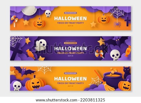 Happy Halloween banners set, party invitation background with clouds, bats and pumpkins in paper cut style. Vector illustration. Full moon, spider web, ghost, skull. Place for text. Trick or treat