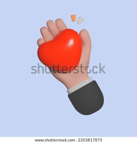 Valentine's Day icon. Cartoon character hand holding red heart. Business or medical clip art isolated on blue background. 3d rendering illustration.