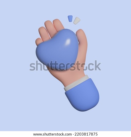Valentine's Day icon. Cartoon character hand holding blue heart. Business or medical clip art isolated on blue background. 3d rendering illustration.