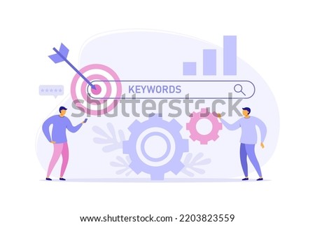Lsi keyword research and seo optimization. Web analysis and seo  concept. Tiny men analyzing SERPs with dats, chart, gears, phone. Vector flat illustration for landing page, banner, site Royalty-Free Stock Photo #2203823559