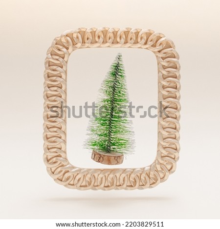 Trendy peaceful winter scene with Christmas tree in a golden picture frame on white background. Winter holidays minimal composition.