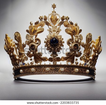 Royal state golden crown with jewellery stones over light gray background Royalty-Free Stock Photo #2203833735