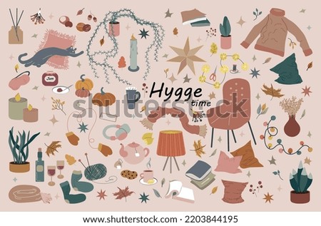 Hygge autumn and winter set vector illustration. Cozy and warm clip art collection in neutral scandinavian palette. Home decor and leasure time elements. All objects are isolated
