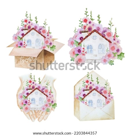 watercolor hand painted house illustration with pink mallow flowers hands, post box and envelope