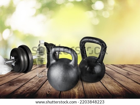 Set of heavy kettlebell and dumbbell, gym concept
