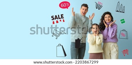 Banner for clothes sale with surprised family in sweaters