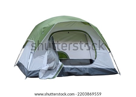 Open medium size tourist tent for camping on travel outdoor, isolated on white background Royalty-Free Stock Photo #2203869559