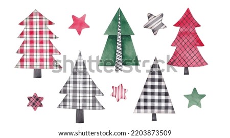 Christmas trees set hand drawn by watercolour. Christmas trees decorated with Buffalo pattern. Isolated on white background. Christmas, New Year design for designing cards, banners, digital paper