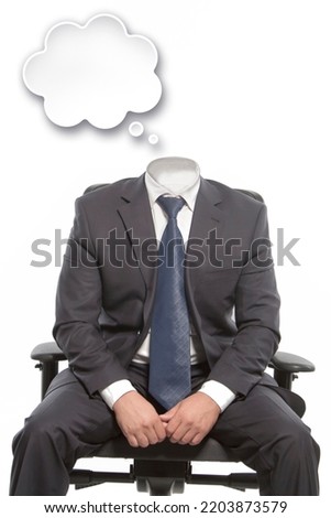 Businessman without a head. Instead of a head - a bubble. A symbol of impersonality and lack of individuality. Businessman mocap. Isolated.