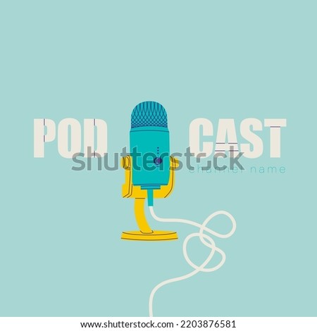 Podcast cover. Template for design with turquoise background. Microphone on a stand with a tangled cable.
