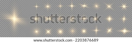 Star burst with brilliance, glow star, glowing light burst on transparent background, yellow sun rays, golden light effect, flare of sunshine with rays, bokeh effect, gold glare, vector illustration Royalty-Free Stock Photo #2203876689