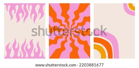 A set of colorful backgrounds in y2k style. Wavy pattern, tribal flame and abstract rainbow. Modern retro templates. Vector illustration for posters, invitations, labels, covers, postcards