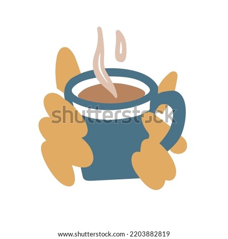 Coffee mug in hands, hot drink, cocoa. Autumn mood, warm. Cute vector illustration in doodle flat sketch style.