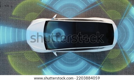 Self Driving Autopilot Car Technologies, Radar, 360, Sensor, Cameras, Laser. Artificial Intelligence Digitalizes and Analyzes Road. Sensor Scanning Road Ahead for Vehicles, Danger, Speed Limits. Royalty-Free Stock Photo #2203884059
