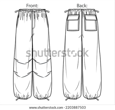 Vector woman fleece jogger technical drawing, utility style pants with waistband and side pockets detail fashion CAD, template, sketch, flat. Woman cargo trousers with front, back view, white color Royalty-Free Stock Photo #2203887503