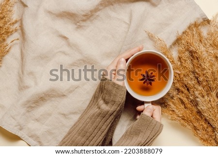 Cup of tea with anise in hands on the linen cloth with pampas grass, aesthetic style, top view, flat lay