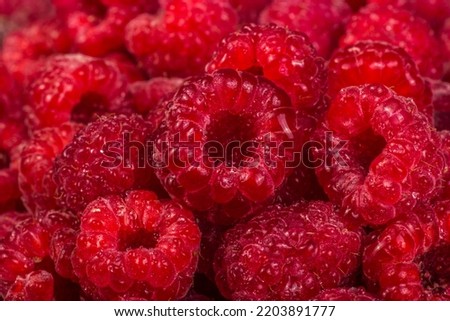 Fresh juicy raspberries close up. Background with red raspberries Royalty-Free Stock Photo #2203891777