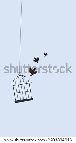 Flying 3 birds and cage. Freedom concept. The emotion of freedom and happiness. Minimalist style. vector illustrations