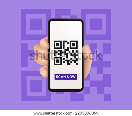 QR code scan service banner. 3d hand with smartphone scans QR code. Template design for website, landing page, ui, social media. Vector illustration Royalty-Free Stock Photo #2203896069