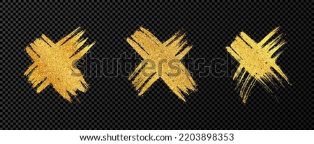 Hand drawn cross symbol. Set of gold sketch cross symbols on dark transparent background. Vector illustration