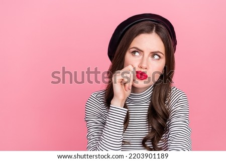 Portrait of puzzled stylish trendy lady touch lips decide fashion week visage discounts isolated pastel color background
