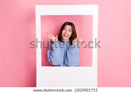 Photo of young happy cute girl surprised emotion make photo collage blog white paper windows isolated on pink color background