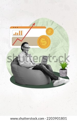 Collage photo of professional funny worker man using laptop for investment raise money dollars coin line up isolated on painted green color background