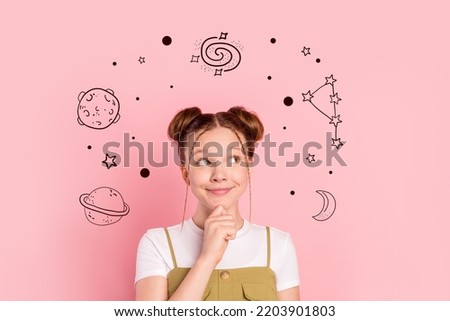 Creative 3d photo collage poster postcard artwork of minded dreamy young girl study astronomy isolated on painting background