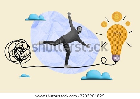 Creative photo collage of careless black white positive man balanced on rope between chaos and bright idea to become successful rich