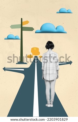 Creative 3d photo collage poster postcard artwork of girl lost way dont know right way isolated on painting background